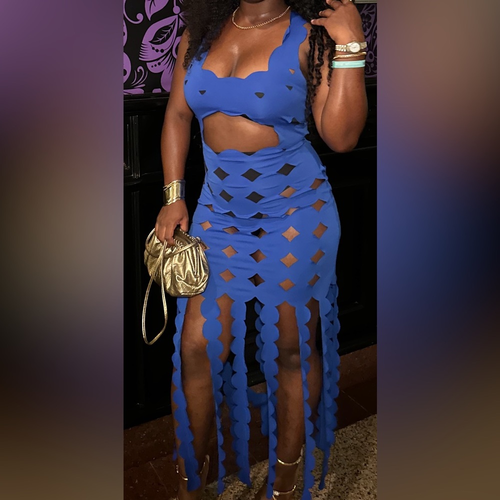 Blue sexy cut out dress cover up